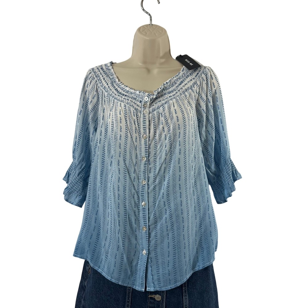 Miss Me Blue Ombre Dash Smocked Off Shoulder Button Blouse Peasant NEW Medium‎